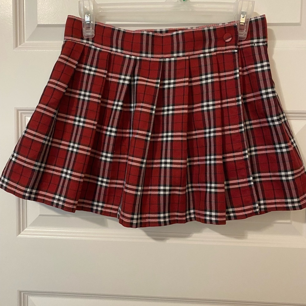 Plaid Wrap Skirt Dark Red White Black Size S/M - Picture 2 of 7